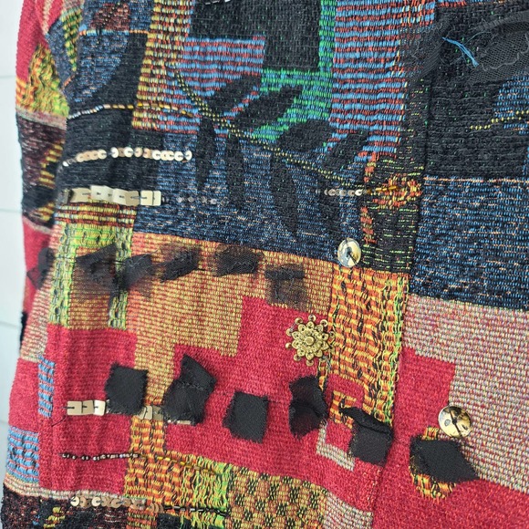 Chicos Jacket Tapestry Embellished Red Black Orange 2 Large Art to Wear Pockets - Picture 5 of 13